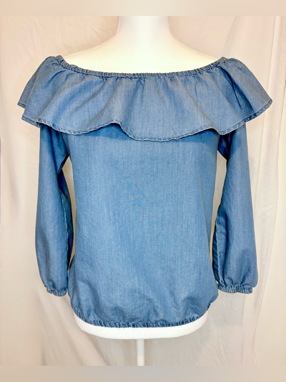 Michael Kors Chambray Ruffle Off-the-Shoulder Top, Size S